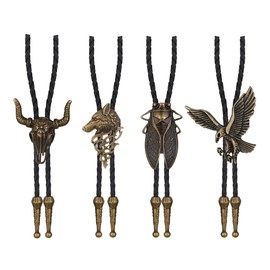 Finrezio 4st Western Texas Leather Tie for Men Women Vintage Taurus Wolf Eagle Cicada Pendant Necklace Handmade Cowboy Rodeo Bolo Tie, Leather