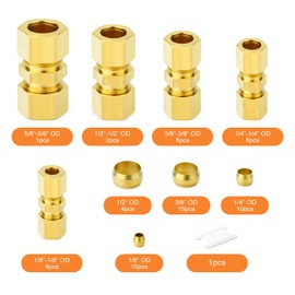 GASHER 67pcs Brass Compression Tube Pipe Fittings Assortment Kit, 1/8"1/4"3/8"1/2"5/8" Tube OD Compression Tube Pipe Fitting Connector&Sleeve Ferrules
