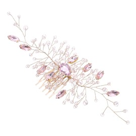 NOLITOY Pink Rhinestone Bridal Hair Comb with Gold Thread Leaf Design Lightweight and Secure Wedding Hairpiece for Brides Bridesmaids and Flower Elegant Side Comb for Various Hairstyles