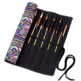 LaVenty Boho Roll Up Paint Brush Holder Painting Organization And Storage Artist Canvas Roll Pouch Bag Makeup Brushes Case Organizer Without Brushes