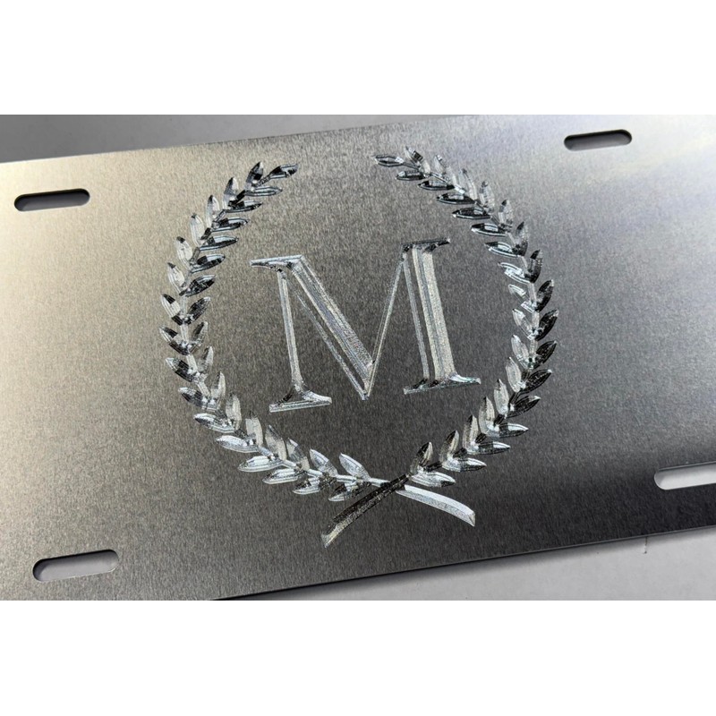 Silver Monogram Crest Car Tag Diamond Etched Engraved .040 Aluminum