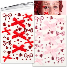 Heart Face Gem Rhinestone Stickers Red Pink Bow Ribbon Acrylic Jewels Stickers Self-Adhesive Hair Gems for Nail Eye Body Makeup, Decorative Stickers for Valentine's Day, Wedding, Craft