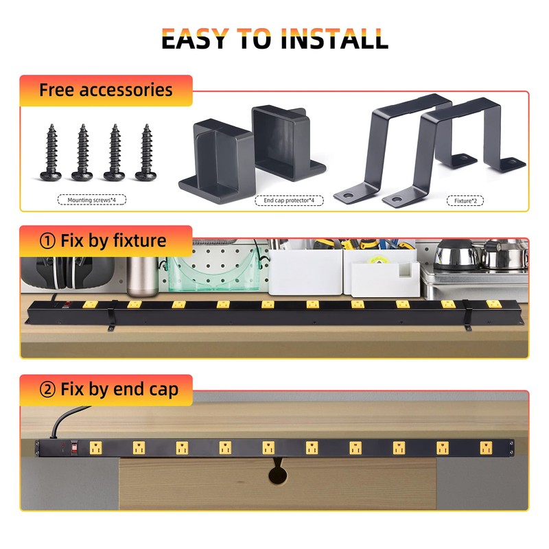 10-Outlet Heavy Duty Power Strip Surge Protector Metal Long Extension