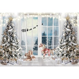 Baocicco 10x8ft Christmas Window Backdrop Xmas Tree Gifts Toy Horse Santa Claus Elk Sled Winter Wonderland Photography Background Merry Christmas New Year Family Holiday Party Decor Banner