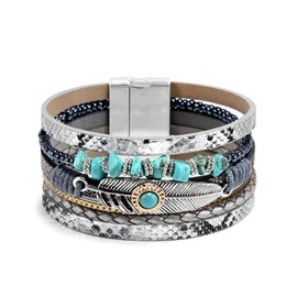 VIBILIA Boho Leather Wrap Bracelets for Women Gravel Feather Multi-Layer Bracelets with Strong Clasp Jewelry for Women-Silver & Blue
