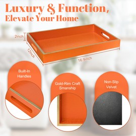MAONAME Faux Leather Tray, Rectangular Serving Tray with Handles, Orange Decorative Trays for Coffee Table, Shagreen Ottoman Trays for Living Room, Office, 17" x 12"