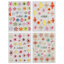 JMEOWIO 3D Embossed Colorful Flower Nail Art Stickers Decals Self-Adhesive 5D Spring Summer Floral Nail Supplies Nail Art Design Decoration Accessories 4 Sheets