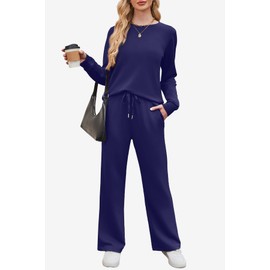 WIHOLL Matching Sets Women Clothing Cruise Airport Outfits for Seniors 2025 Fall Winter Pajamas Lounge Sets Loungewear Sweat Suits for Women 2 Piece Tracksuit Wide Leg Pants Navy Blue M