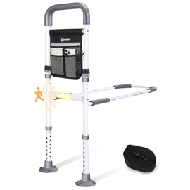 BPREINECO Bed Rails for Elderly Adults Safety, Reinforced Bed Handle Bedside Assist with Motion Sensor Light & Storage Pocket, Adjustable Bedrail Grab Bar Handrails, Stable Bed Can for Seniors, Gray