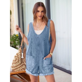 Glamaker Womens Casual Sleeveless V Neck Denim Romper Overall Shorts Summer Jean Romper Denim Outfit With Pocket(Denim Blue L)