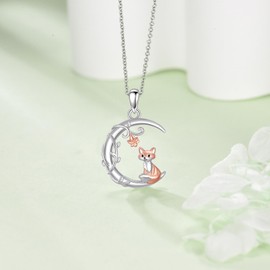 JERWLI Fox Necklace 925 Sterling Silver Moon Fox Pendant Jewellery Gifts for Women