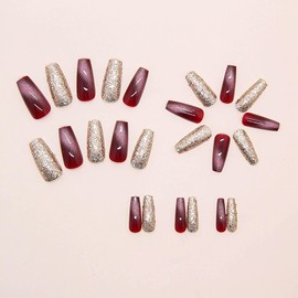 RUOKEXIN Long Coffin Press on Nails Cat Eye Fake Nails Gold Glitter False Nails with Designs Long Nail Press ons Full Cover Glue on Nails Sparkly Artificial Nails Cute Stick on Nails for Women 24Pcs