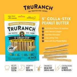 TRURANCH Collagen Sticks - 5" Collagen Sticks for Dogs - Long Lasting Healthy Joint Support Dog Treat - Rawhide Alternative - Skin & Coat Health - Made with Real Peanut Butter, 1 Bag, 15 Count