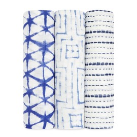 aden + anais Silky Soft Swaddle Blanket,100% Bamboo Viscose Muslin Blankets for Girls & Boys, Baby Receiving Swaddles, Ideal Newborn & Infant Swaddling Set, 3 Pack, Indigo Shibori
