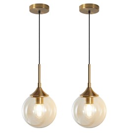 KCO Lighting Mid Century Modern Kitchen Island Pendant Lighting Gold 1-Light Amber Glass Globe Pendant Light Brushed Brass Large Living Room Pendant Light Fixture (2-Pack)