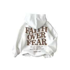 RoseSeek Girl's Letter Graphic Hoodies Long Sleeve Faith Over Fear Hoodies Sweatshirts Pullovers Trendy White 10Y