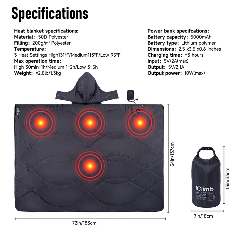 iClimb Heated Camping Blanket with Hood and Battery Pack (Dark