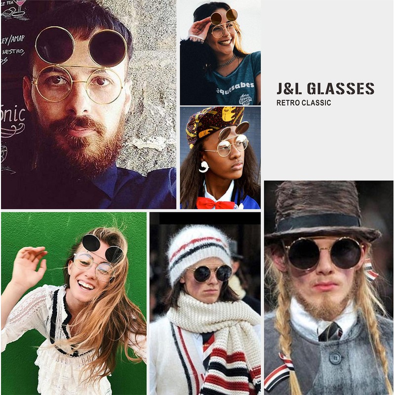 J&L Glasses Retro Flip-Up Round Goggles Steampunk Sunglasses (Golden,Black, Clear)