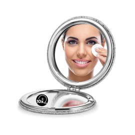 OMIRO 1X/10X(300R) Magnifying Compact Mirror with PU Leather, Ultra-Portable for Purses and Travel, Round Silver