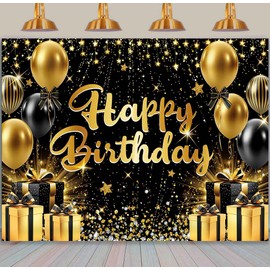 Black Gold Birthday Backdrop 7x5FT Glitter Happy Birthday Photography Backgrounds Black and Golden for Men Women Anniversary Party Decorations Banner Photo Supplies