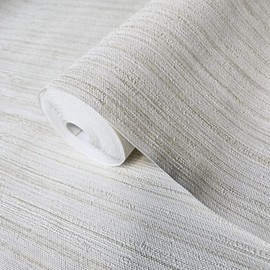 Ivory Off White Gold Metallic Faux Thread Stria Lines Fabric Textured Wallpaper