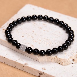 CHCCOYE 6mm Black Onyx - Stone of Positive Energy - Handmade Initial Letter Stretch Elastic Bracelet for Healing Power Energy Adult Unisex (6mm, L)