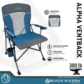 Black Sierra Camping Chair w/Padded Hard Armrest, Folding Lawn Chair w/Mesh Vented Back, Portable Beach Chair w/Cup Holder and Carry Bag, Supports 300 lbs for Sports, Backyard, Tailgating