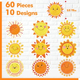 60 PCS Sun Cutouts, 10 Designs Bulletin Board Decoration Sun Cut-Outs DIY Crafts Project Spring Summer Sunshine Party Supplies