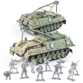 MaozyHomie WW2 Army Tank-4 and Army Men Toys Playset, 2pc US Tank Models with 10pc Toy Soldiers, Olive Drab Green 1:72 Military Vehicle, Great Military Toy for Kids Boys