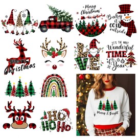Christmas Transfer for T-Shirts, 12 Pcs Buffalo Plaid Iron on Decals Stickers Heat Transfer Decal Reindeer Snowman Patches for Clothing Hat Pillow Backpack DIY Craft Supplies