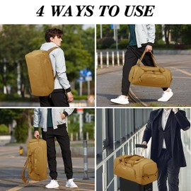 Travel Duffle Bag Men with Shoes Compartment Sports Gym Workout Bag with Wet Pocket 40L Medium 2 In 1 Duffel Backpack for Women Weekender Overnight Bag for Airplane, Brown