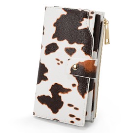 UTO Women's RFID Blocking Wallet Large Capacity Vegan Leather Clutch Wallet 21 Card Slots Holder Organiser Vegan Purse with Wristlet Cream, Cow design., casual