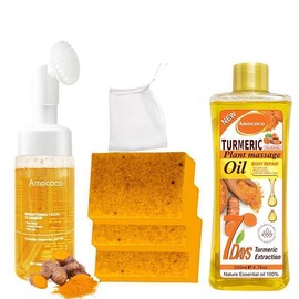 Amococo Turmeric 3 Tablets/Set (Turmeric Cleanser, Turmeric Soap, Turmeric Oil) Plant Extract Cleansing Moisturizing Skin Care Set, Exfoliate Moisturize:_1*soap+cleansing mousse
