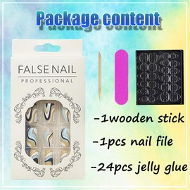 24PCS Short Fake Nails Blue and White Press on Nails Cute Acrylic Nails with Swirl Designs Square Stick on Nails Reusable Artificial Glue on Nails for Women and Girls