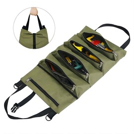 NTTR Large Rolling Tool Bag Canvas Wrench Tools Pouch with 5 Zipper Pockets,Tools Organizer Roll Up Tool Bag Garden Tool Storage Bag Green