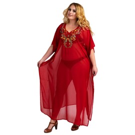 Miss Lavish London Hand Embroidered Caftans for Womens - Beach Cover Ups Kimono Dress - Kaftan Style Maxi Dresses, Red
