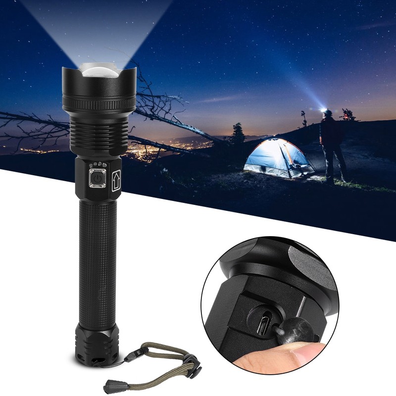 XHP70 Super Bright Telescopic Zoom Waterproof Outdoor Portable Flashlight USB