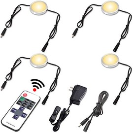 Lvyinyin LED Under Cabinet Lighting Linkable Kit, Wireless Dimmable Puck Lights, RF Remote Control, 110V to 12V Wall Plug Power Adapter, Black Cable, 4 Lights, Warm White