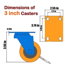 3" Caster Wheels Set of 4, Heavy Duty Casters with Brake, No Noise Locking Polyurethane (PU) Wheels, Swivel Plate Castors Pack 4