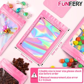 Funfery 100 Pack Resealable Bags Clear Holographic Bags,Smell Proof Packaging Baggies,Mylar Food Storage Bags,Zipper Sealing Pouch for Coffee Beans,Cookies,Jewelry Sample Small Business(Pink,3x4.7in)