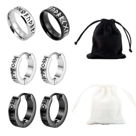 8 Pcs Unisex Earring Set, Hypoallergenic Hoop Earrings with Rings, Drawstring Pockets, Norse Runes Jewellery, Viking Hoop Earrings, Earring Hoops for Birthday