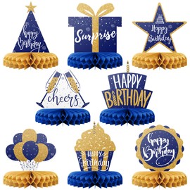 Happy Birthday Table Decoration Centerpieces - (8 Pack, Blue & Gold) - Double-Sided Happy Birthday Centerpieces for Tables - Party Supplies for Elegant Birthday Decorations by PixiPy