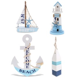 CoTa Global Blue Wooden Nautical Home Decor Set of 4 – Has 1 Decorative Buoy, 1 Lighthouse, 1 Sailboat, 1 Anchor with Rope for Beach Table and Wall Hang – Handmade