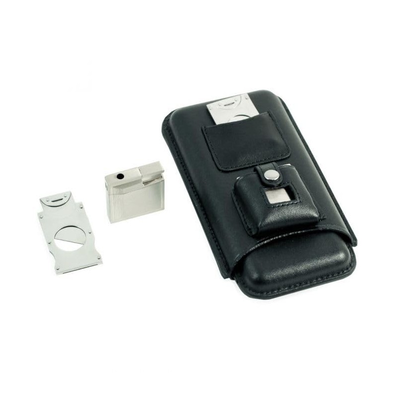 Executive C243B Black Leather 3 Piece Cigar Case Holder with