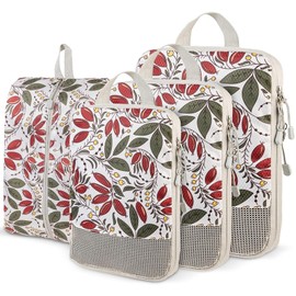 Compression Packing Cubes,4 Pcs Travel Packing Cubes Set,Lumobrilla Travel Organisers for Carry On Suitcases,Expandable Storage for Women/Men,Berry-Printed