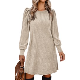 Zeagoo Tunic Dresses for Women 2024 Knit Sweater Dress Puff Long Sleeve Fall Dress Soft Warm Dress Casual, Khaki S