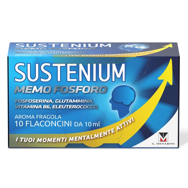 Sustenium Memo Fosforo - Integratore alimentare a base di Fosfoserina, Glutammina, Vitamina B6 ed Eleuterococco. Energia per la mente. Confezione da 10 flaconcini (10ml)