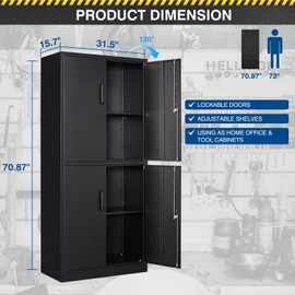Fesbos 71” Metal Storage Cabinet-Lockable File Cabinet Garage Tool Cabinet with Doors and Shelves-Tall Black Steel Cabinet for Garage-Heavy Duty File Cabinet for Office, Gym, School