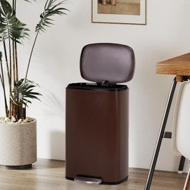 FDW Kitchen Trash Can with Lid for Office Bedroom Bathroom Step Trash Bin Fingerprint-Proof Garbage Bin Brushed Stainless Steel 13 Gallon (Brown)
