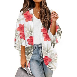 Women's Chiffon Kimono Cardigans Plus Size Summer Hawaiian Shirts Tops Tropical Outfits Luau Party Boho Beach Sheer Lightweight Leaf Print Floral White XX-Large